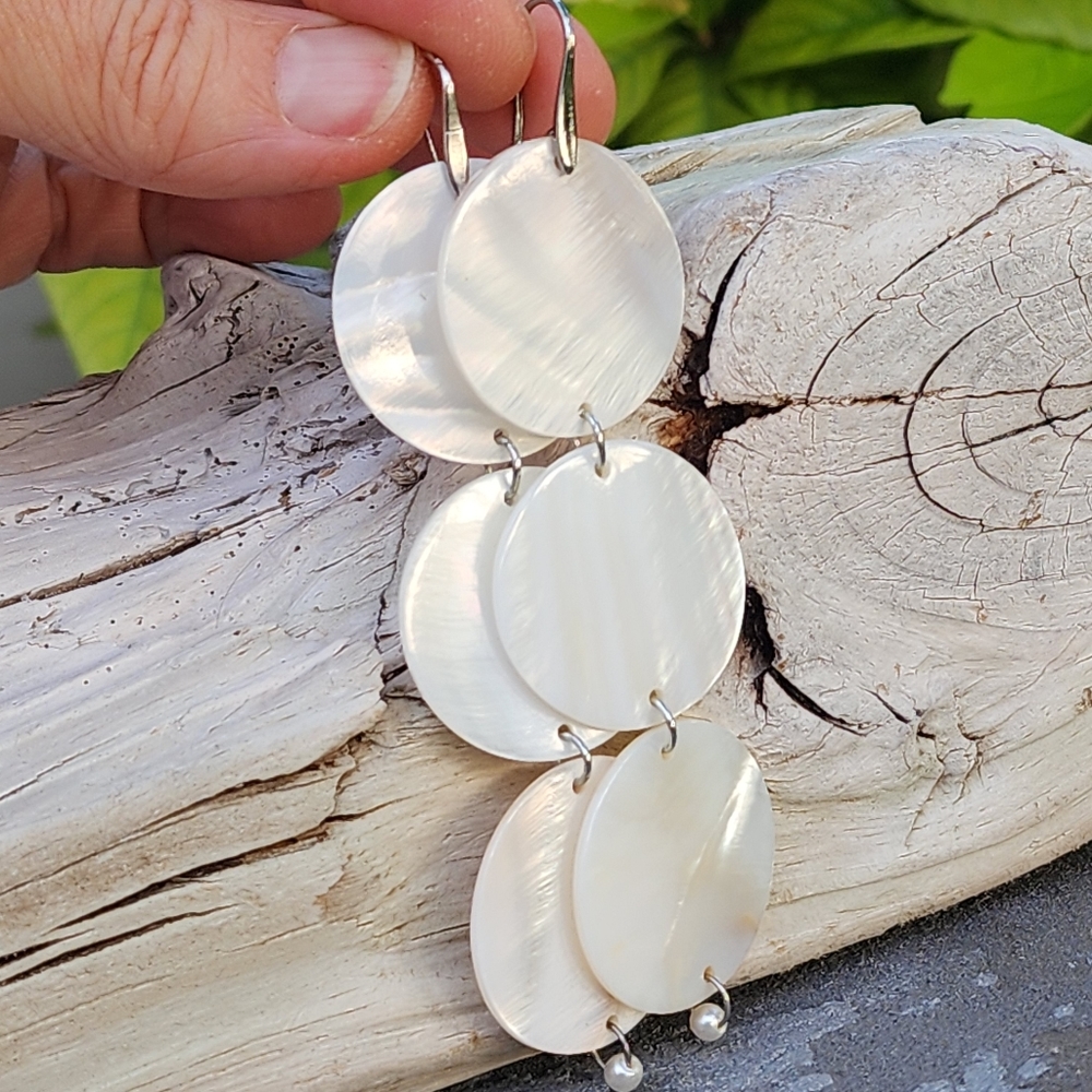 Natural Mother of Pearl Stone Silver Long Chandeliers Boho Earrings